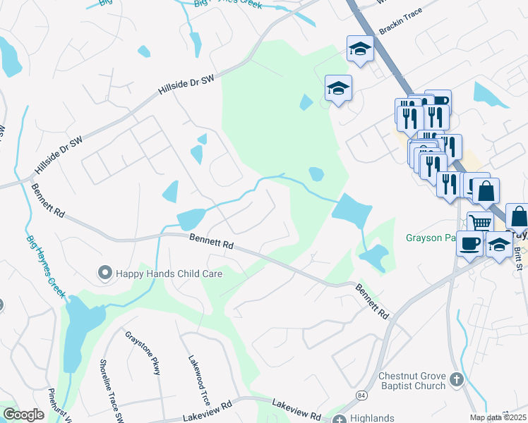map of restaurants, bars, coffee shops, grocery stores, and more near 1580 Mount McKinley Drive in Grayson