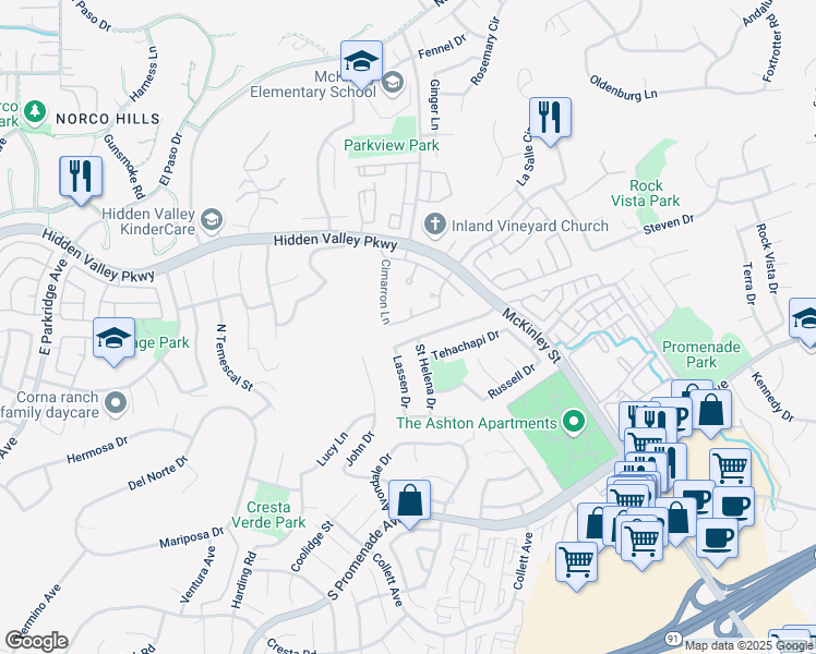map of restaurants, bars, coffee shops, grocery stores, and more near 2030 Cascade Drive in Corona