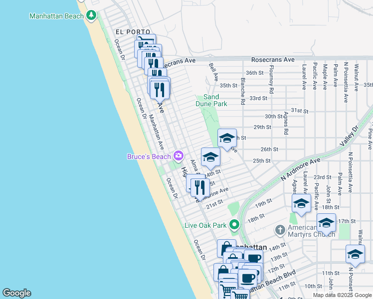 map of restaurants, bars, coffee shops, grocery stores, and more near 328 28th Street in Manhattan Beach