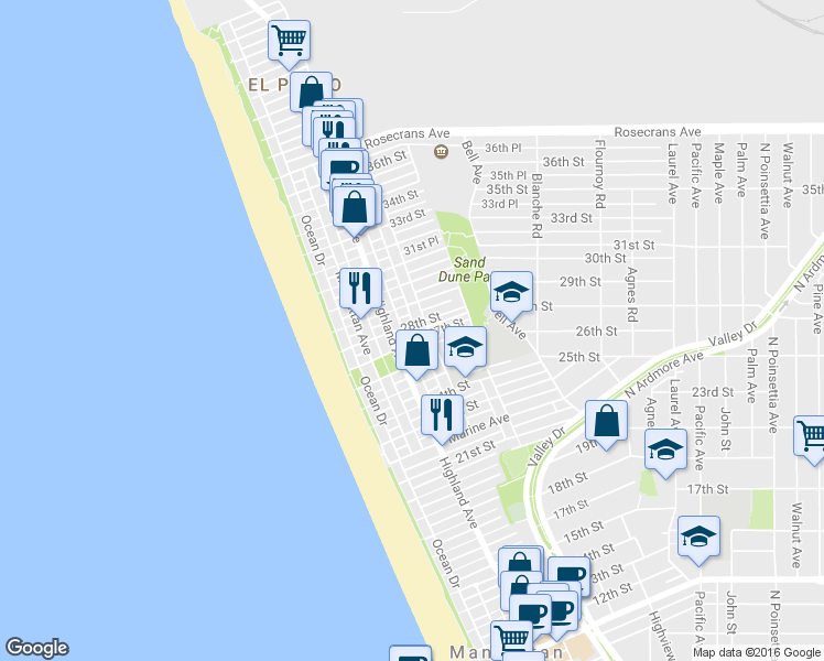 map of restaurants, bars, coffee shops, grocery stores, and more near 328 28th Street in Manhattan Beach