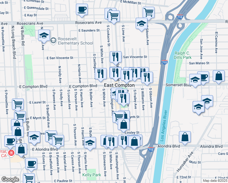 map of restaurants, bars, coffee shops, grocery stores, and more near in East Compton