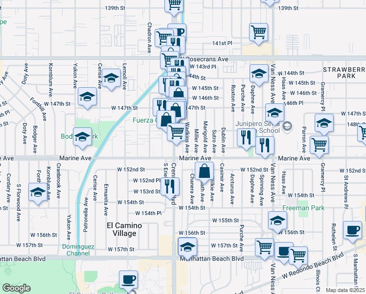 map of restaurants, bars, coffee shops, grocery stores, and more near 15017 Wadshan Alley in Gardena