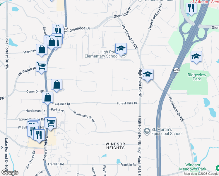map of restaurants, bars, coffee shops, grocery stores, and more near 5144 Timber Trail South NE in Atlanta