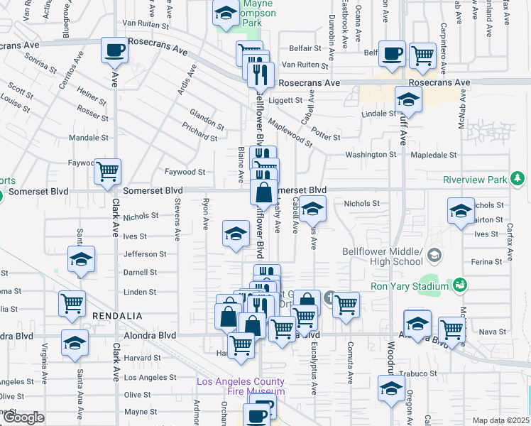 map of restaurants, bars, coffee shops, grocery stores, and more near 15138 Bellflower Boulevard in Bellflower
