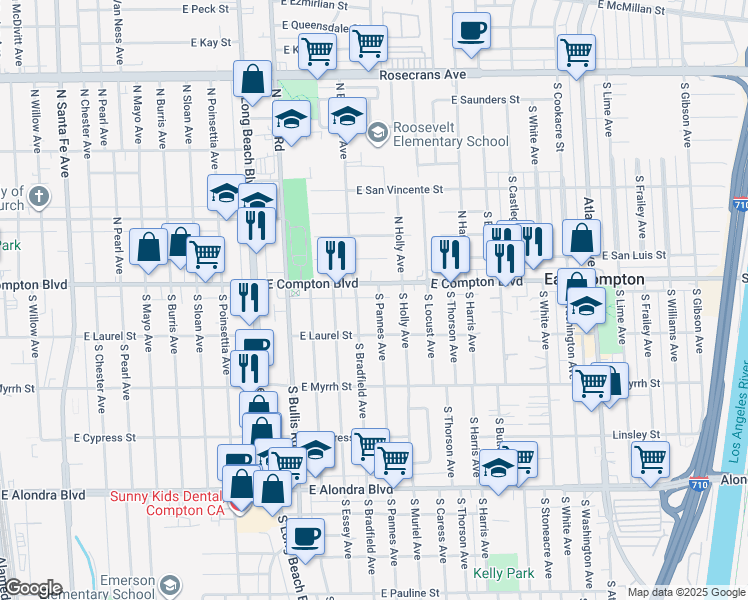 map of restaurants, bars, coffee shops, grocery stores, and more near 115 South Pannes Avenue in Compton