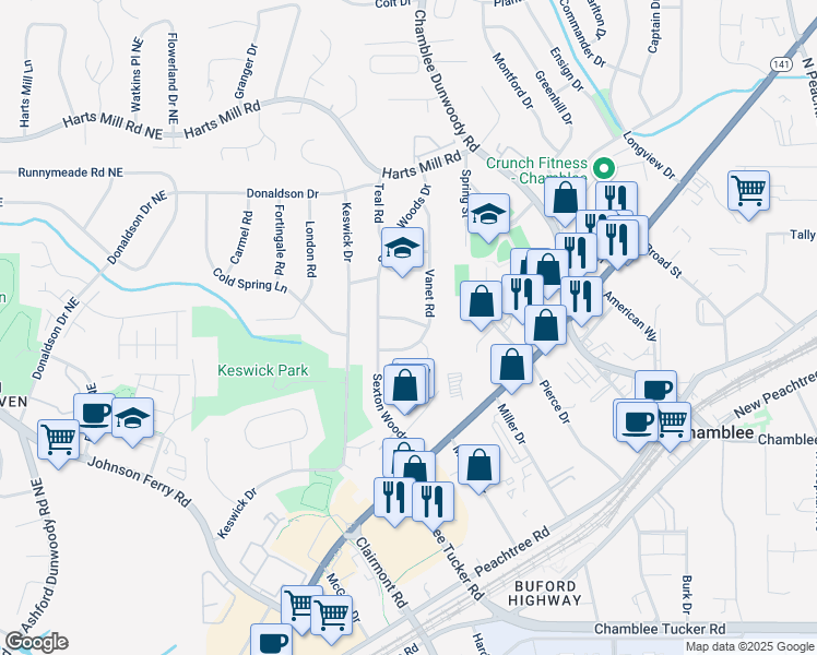 map of restaurants, bars, coffee shops, grocery stores, and more near 3554 Vanet Road in Atlanta
