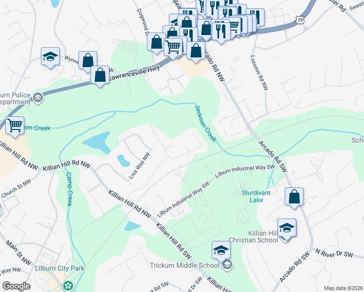 map of restaurants, bars, coffee shops, grocery stores, and more near 220 Lola Lane Northwest in Lilburn