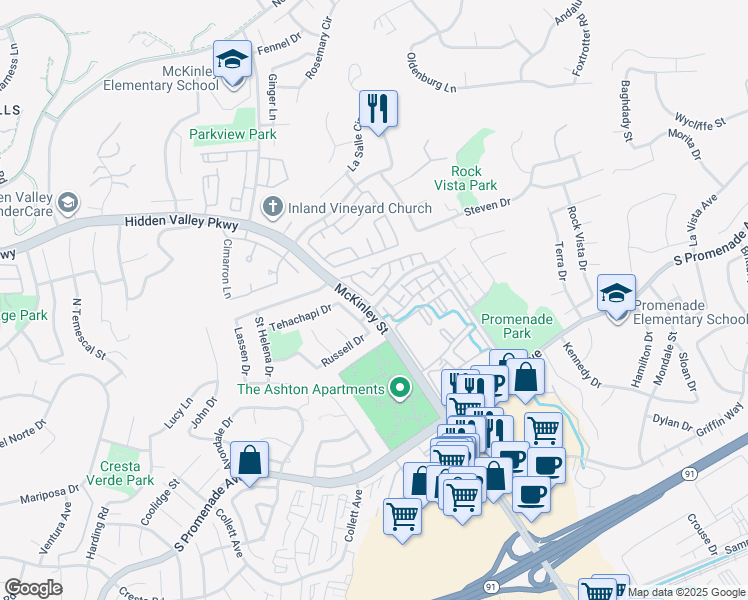 map of restaurants, bars, coffee shops, grocery stores, and more near 2230 Ascot St in Corona