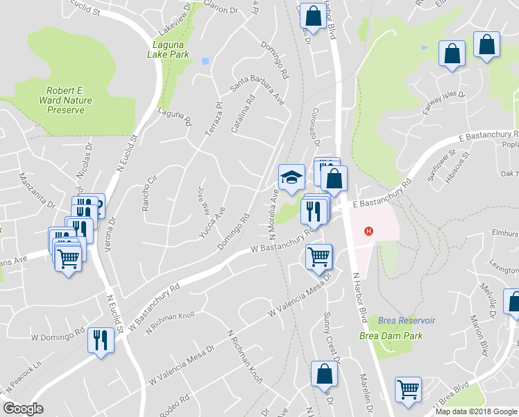 map of restaurants, bars, coffee shops, grocery stores, and more near 410 Fiesta Place in Fullerton