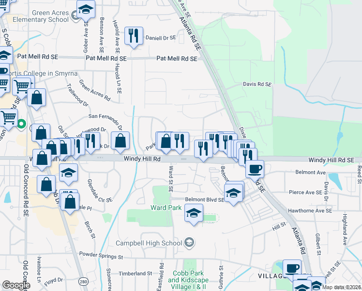 map of restaurants, bars, coffee shops, grocery stores, and more near 925 Cherokee Trail Southeast in Smyrna