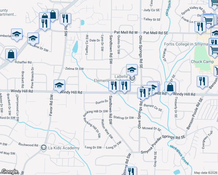 map of restaurants, bars, coffee shops, grocery stores, and more near 2374 Sandtown Road Southwest in Marietta