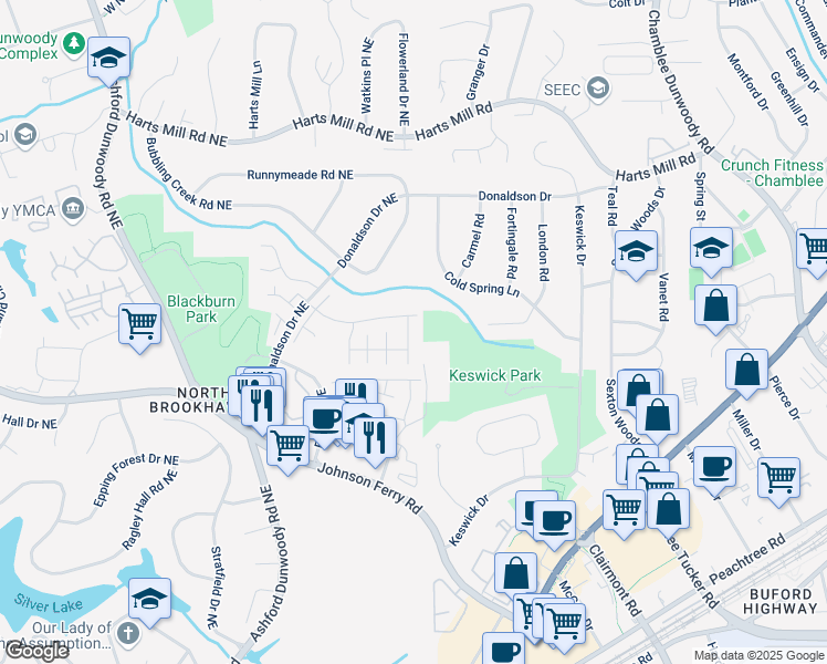 map of restaurants, bars, coffee shops, grocery stores, and more near 3631 Ashcroft Bend in Atlanta