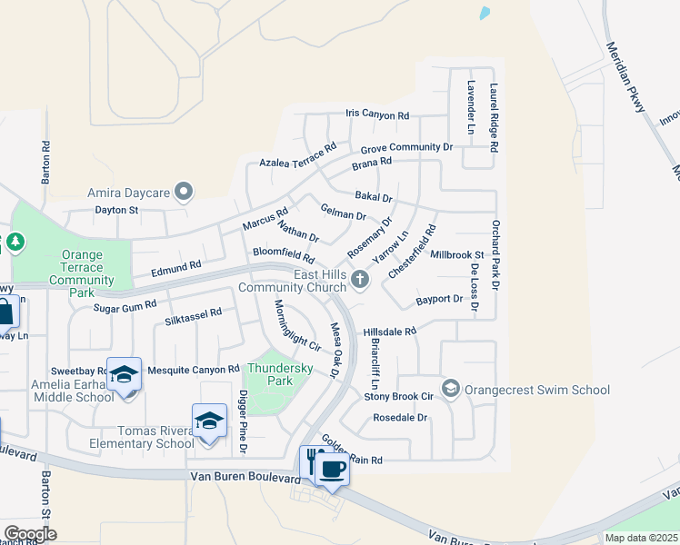 map of restaurants, bars, coffee shops, grocery stores, and more near 8584 Rosemary Drive in Riverside