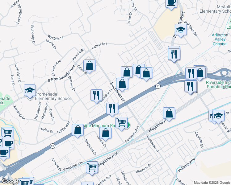 map of restaurants, bars, coffee shops, grocery stores, and more near 371 Camden Court in Corona