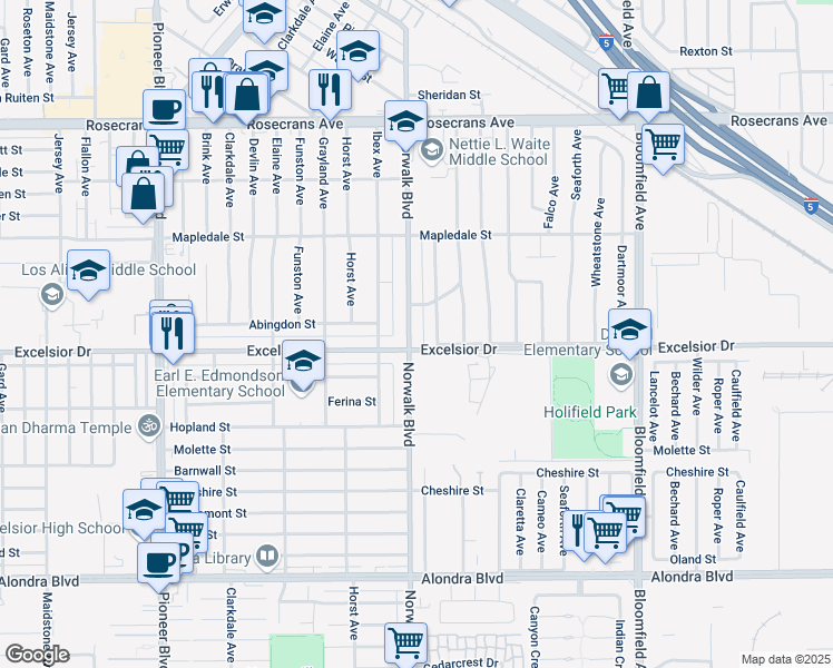 map of restaurants, bars, coffee shops, grocery stores, and more near 14920 Norwalk Boulevard in Norwalk