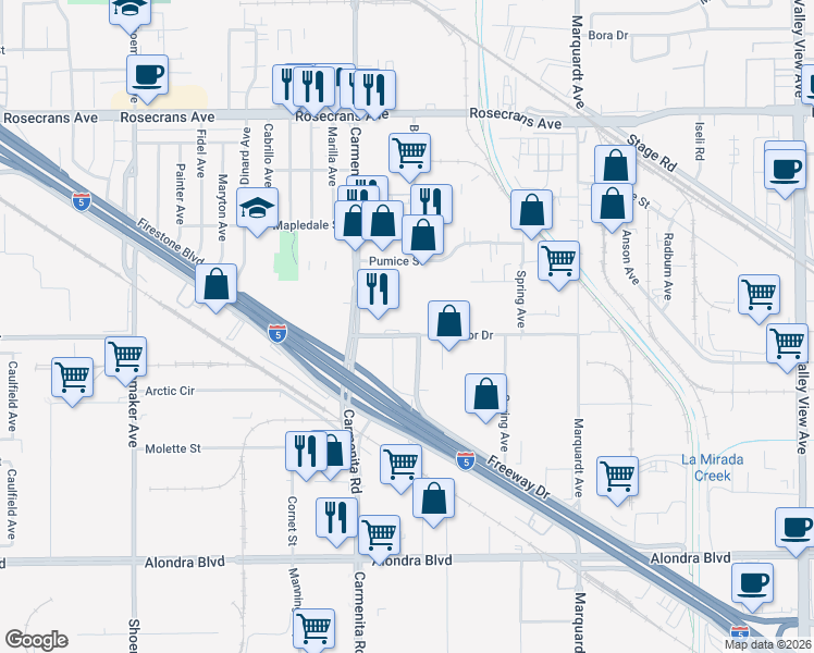 map of restaurants, bars, coffee shops, grocery stores, and more near 13455 Excelsior Drive in Norwalk
