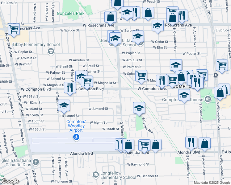 map of restaurants, bars, coffee shops, grocery stores, and more near 810 West Compton Boulevard in Compton