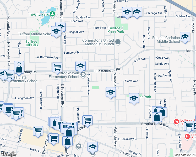 map of restaurants, bars, coffee shops, grocery stores, and more near 1812 Jones Place in Placentia