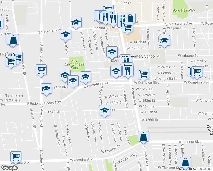 map of restaurants, bars, coffee shops, grocery stores, and more near 2406 W Compton Blvd in Compton