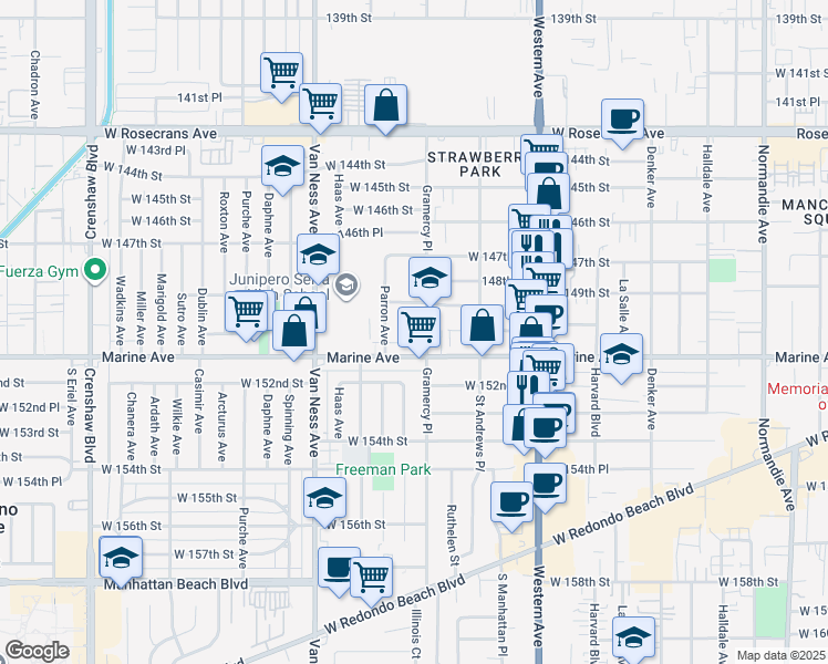 map of restaurants, bars, coffee shops, grocery stores, and more near 2010 West 150th Street in Gardena