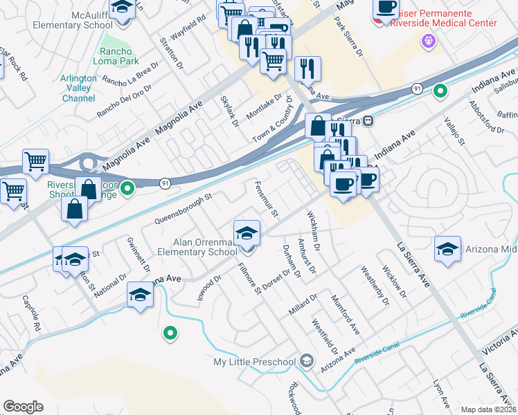 map of restaurants, bars, coffee shops, grocery stores, and more near 3465 Torrey St in Riverside