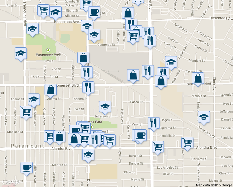 map of restaurants, bars, coffee shops, grocery stores, and more near 15132 Rancho Obispo Road in Paramount