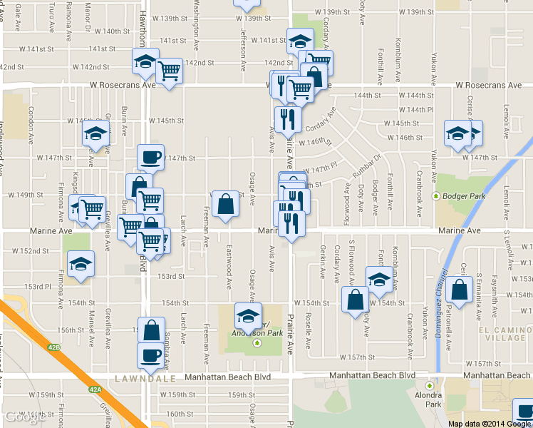 map of restaurants, bars, coffee shops, grocery stores, and more near 15001 Avis Ave in Lawndale