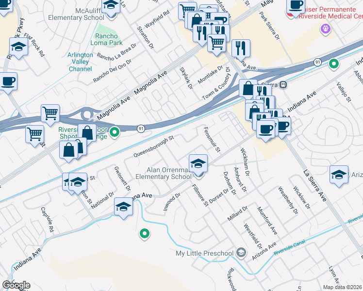 map of restaurants, bars, coffee shops, grocery stores, and more near 3566 Atchison Circle in Riverside