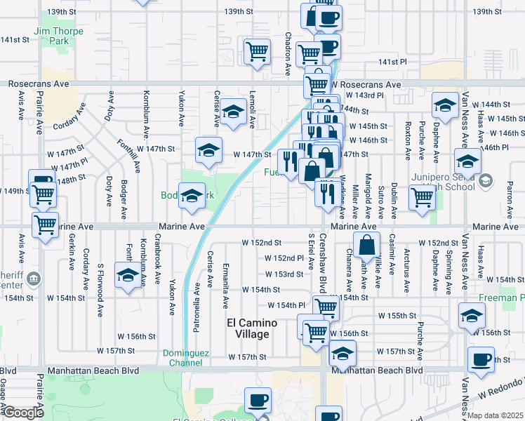 map of restaurants, bars, coffee shops, grocery stores, and more near 15004 Lemoli Avenue in Gardena