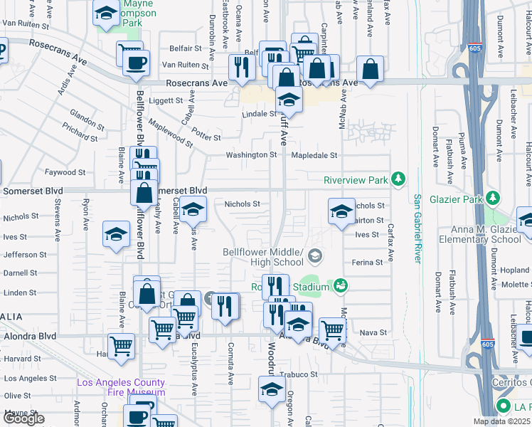 map of restaurants, bars, coffee shops, grocery stores, and more near 15147 Woodruff Place in Bellflower