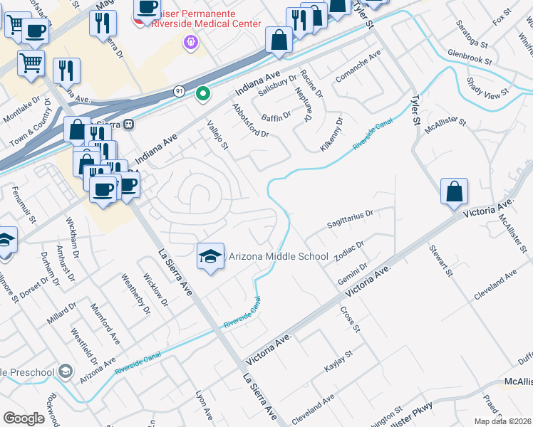 map of restaurants, bars, coffee shops, grocery stores, and more near 10812 Portofino Lane in Riverside