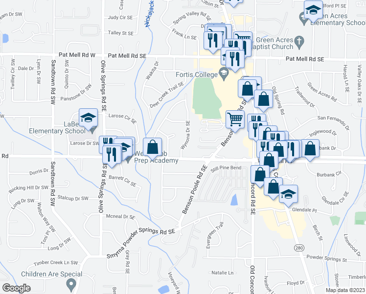 map of restaurants, bars, coffee shops, grocery stores, and more near 2367 Wynona Drive in Marietta