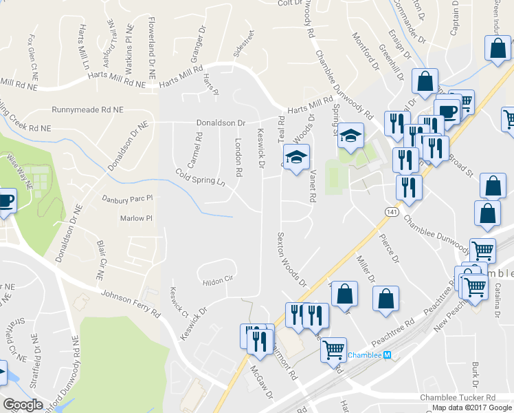 map of restaurants, bars, coffee shops, grocery stores, and more near 3566 Keswick Drive in Chamblee