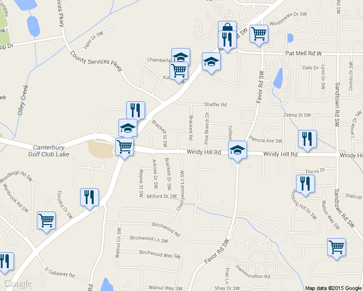 map of restaurants, bars, coffee shops, grocery stores, and more near 2381 Beverly Lane in Marietta