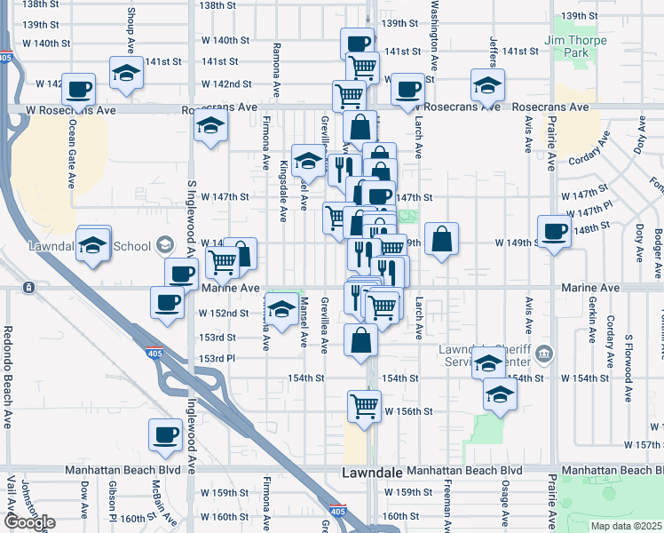 map of restaurants, bars, coffee shops, grocery stores, and more near 15000 Grevillea Avenue in Lawndale
