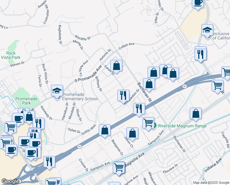 map of restaurants, bars, coffee shops, grocery stores, and more near 2951 Pembroke Circle in Corona