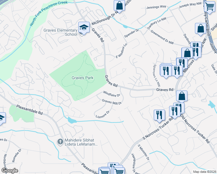 map of restaurants, bars, coffee shops, grocery stores, and more near 1484 Graves Road in Norcross