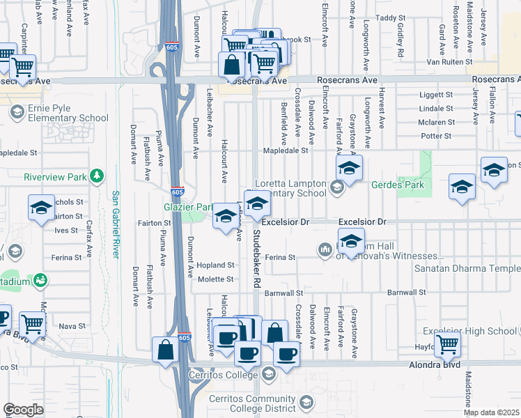 map of restaurants, bars, coffee shops, grocery stores, and more near 14826 Studebaker Road in Norwalk