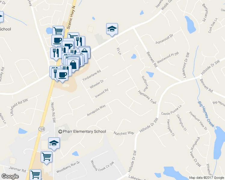 map of restaurants, bars, coffee shops, grocery stores, and more near 1409 Inwood Road in Lawrenceville