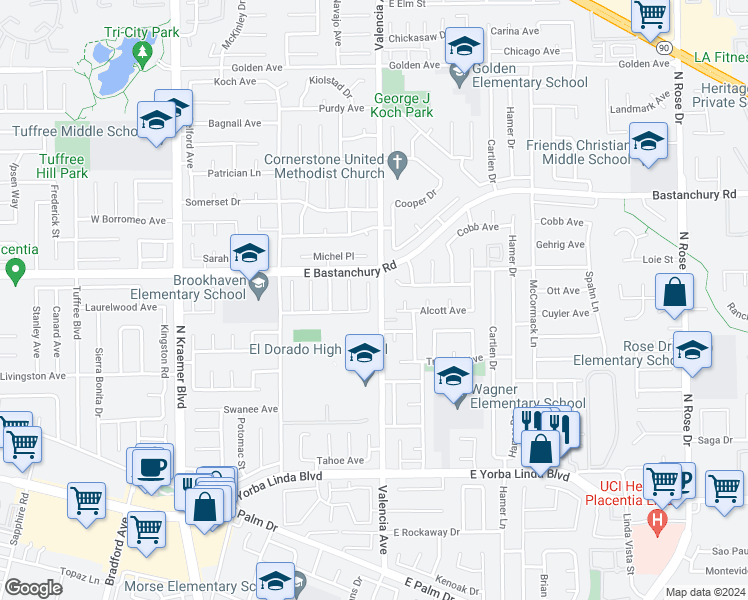 map of restaurants, bars, coffee shops, grocery stores, and more near 1814 Browerwoods Place in Placentia