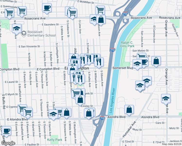 map of restaurants, bars, coffee shops, grocery stores, and more near 15120 South Frailey Avenue in Compton