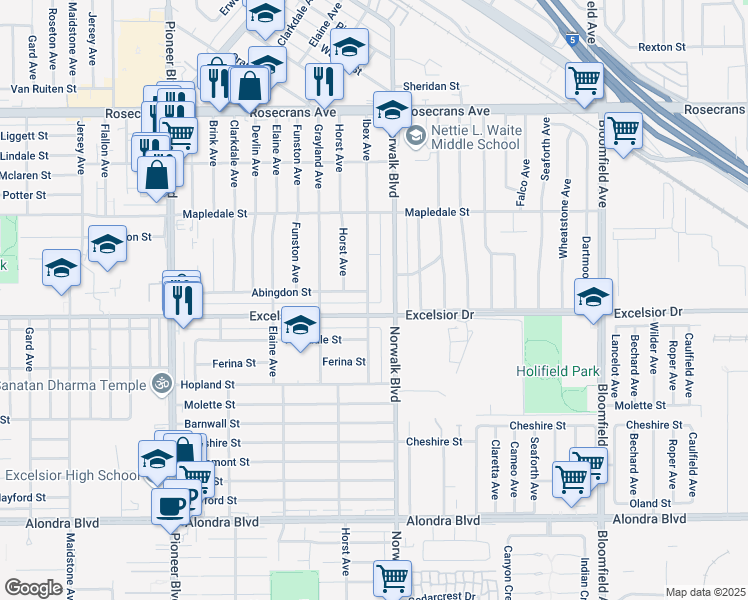 map of restaurants, bars, coffee shops, grocery stores, and more near 14912 Ibex Avenue in Norwalk