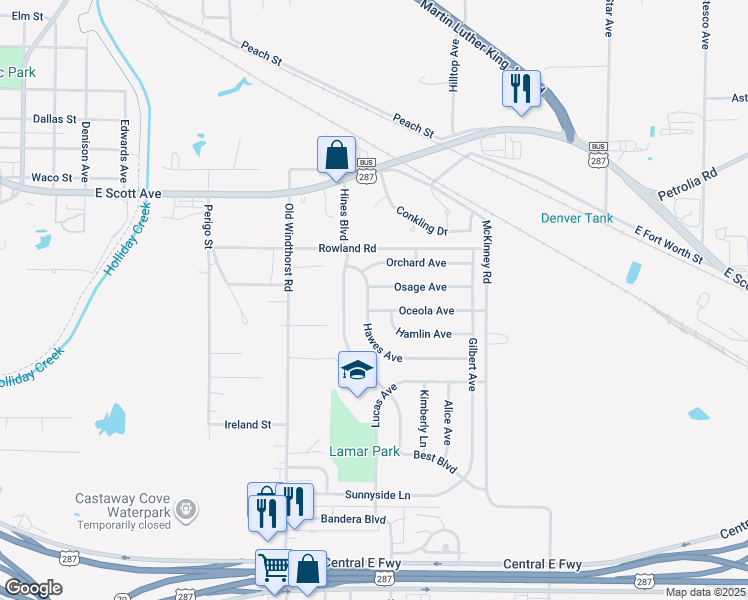 map of restaurants, bars, coffee shops, grocery stores, and more near 1618 Hawes Avenue in Wichita Falls