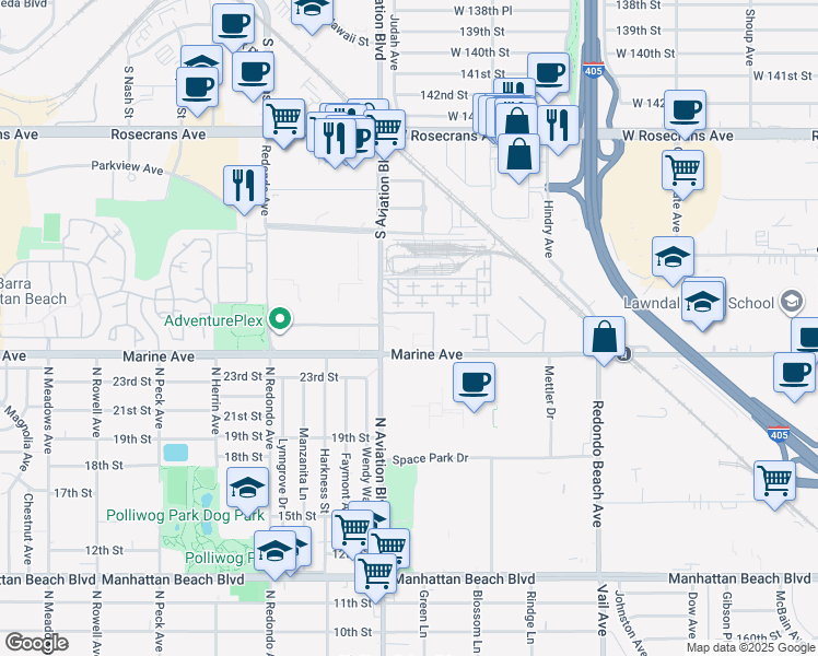 map of restaurants, bars, coffee shops, grocery stores, and more near in Lawndale