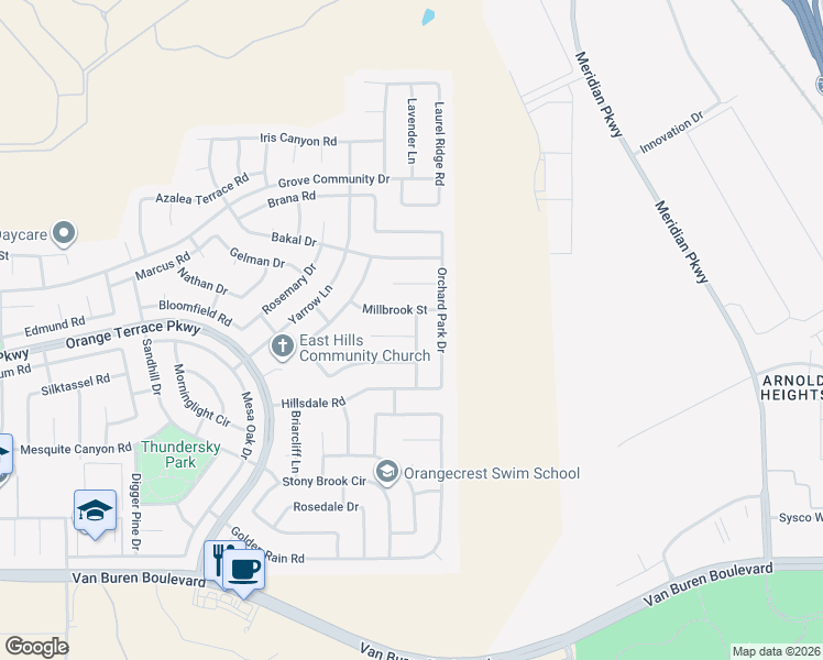 map of restaurants, bars, coffee shops, grocery stores, and more near 20868 Kingston Lane in Riverside
