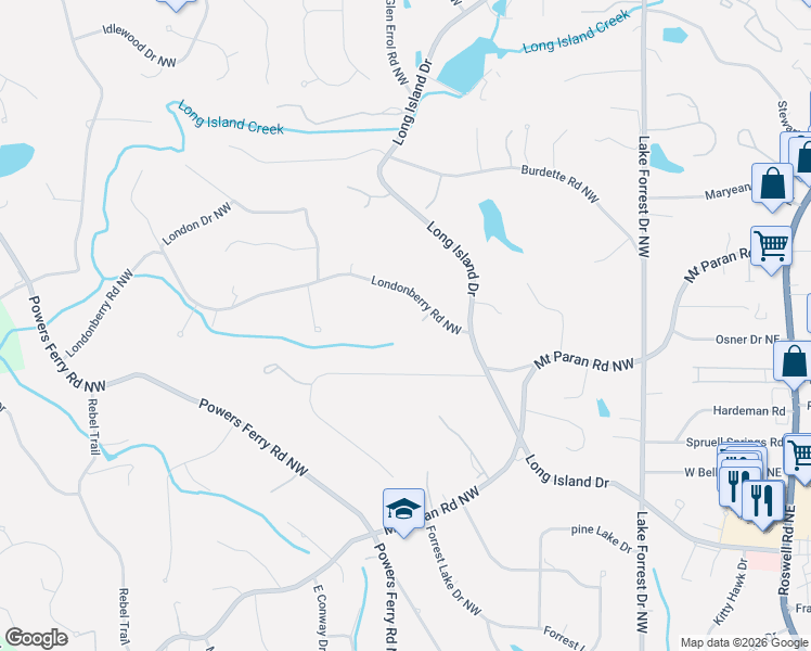 map of restaurants, bars, coffee shops, grocery stores, and more near 216 Londonberry Road Northwest in Atlanta
