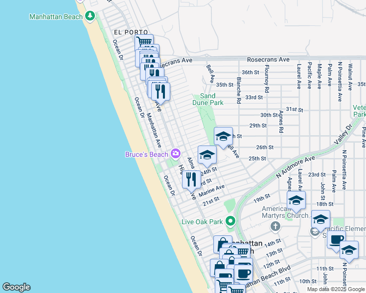 map of restaurants, bars, coffee shops, grocery stores, and more near 328 28th Street in Manhattan Beach
