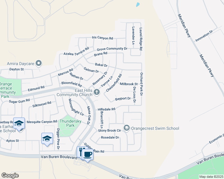 map of restaurants, bars, coffee shops, grocery stores, and more near 8536 Chesterfield Road in Riverside