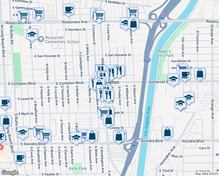 map of restaurants, bars, coffee shops, grocery stores, and more near 15116 Atlantic Avenue in East Compton