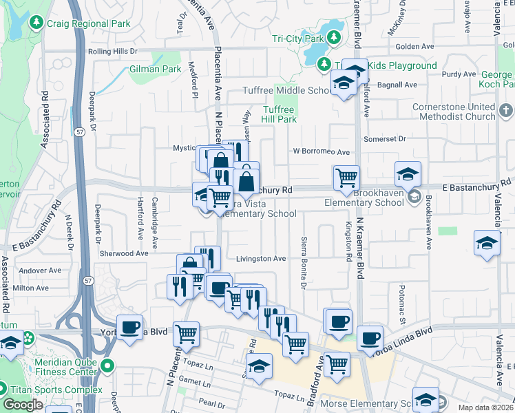 map of restaurants, bars, coffee shops, grocery stores, and more near 1825 Stanley Avenue in Placentia